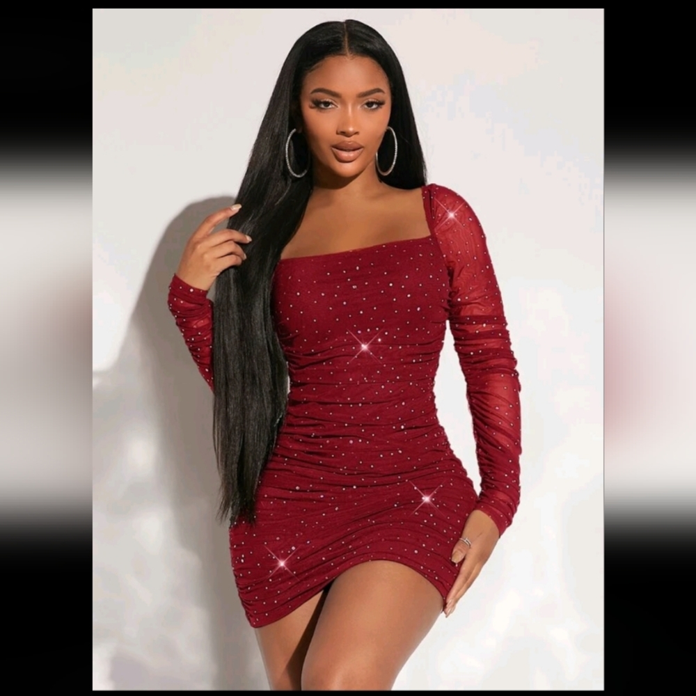 SHEIN SXY Square Neck Ruched Sequin Mesh Bodycon Dress